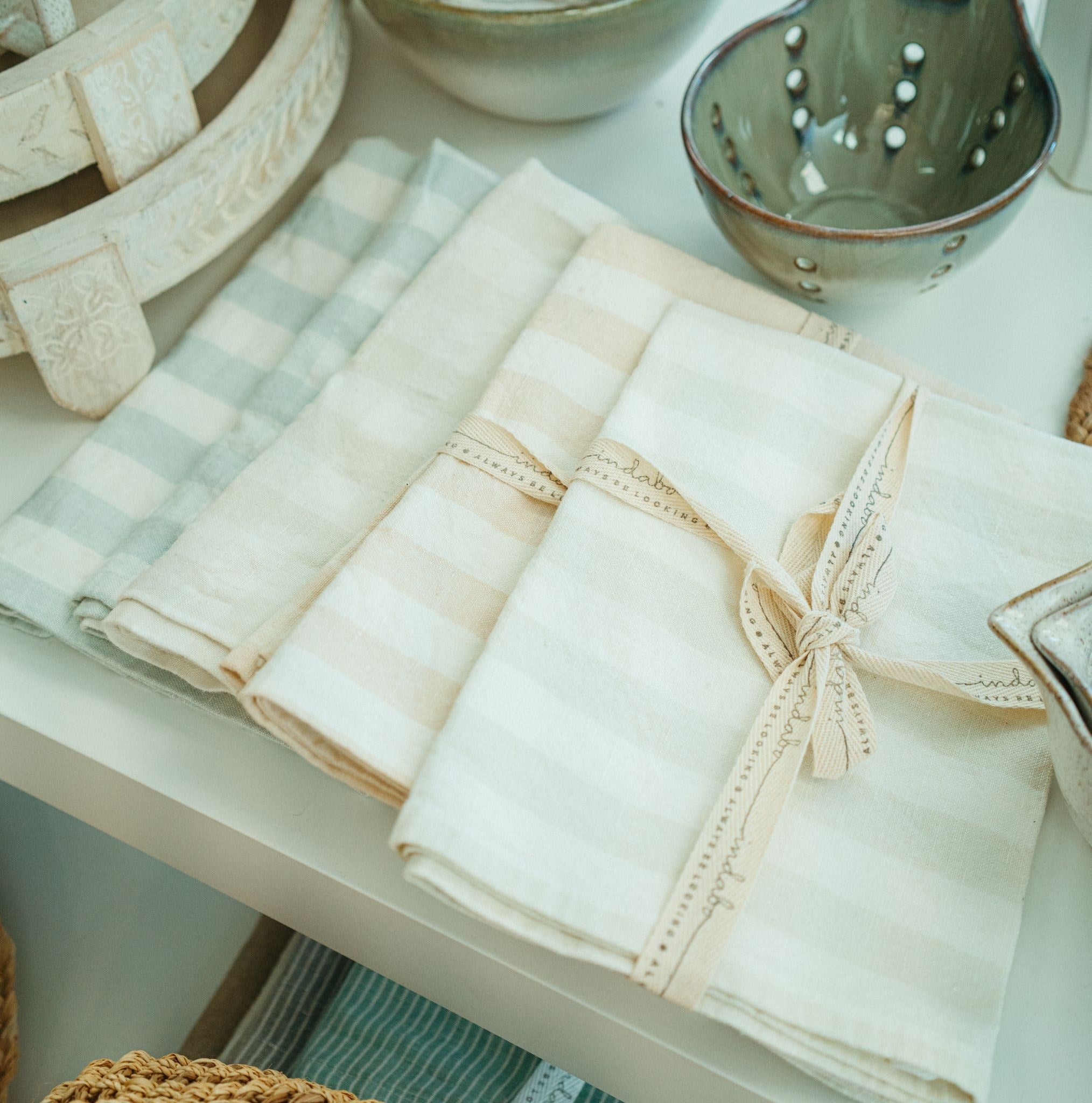 Gingham Linen Stripe Tea Towel (2)- Clay & Aqua